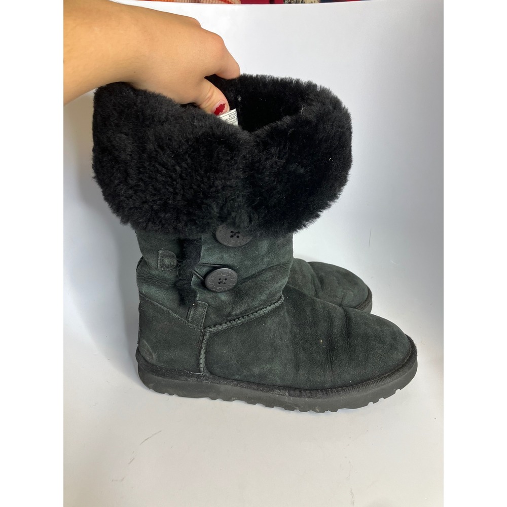 UGG Bailey Button Triplet Boots Womens 8 Black Good Suede Shearling Mid Calf